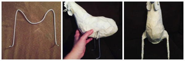 Use an old hanger to make a paper mache rooster's legs. Get the full project tutorial in this post.